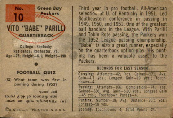 1954 Bowman #10 Babe Parilli back image