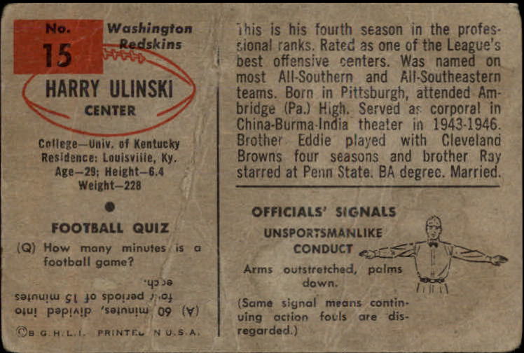 1954 Bowman #15 Harry Ulinski back image