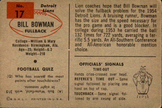 1954 Bowman #17 Bill Bowman RC back image