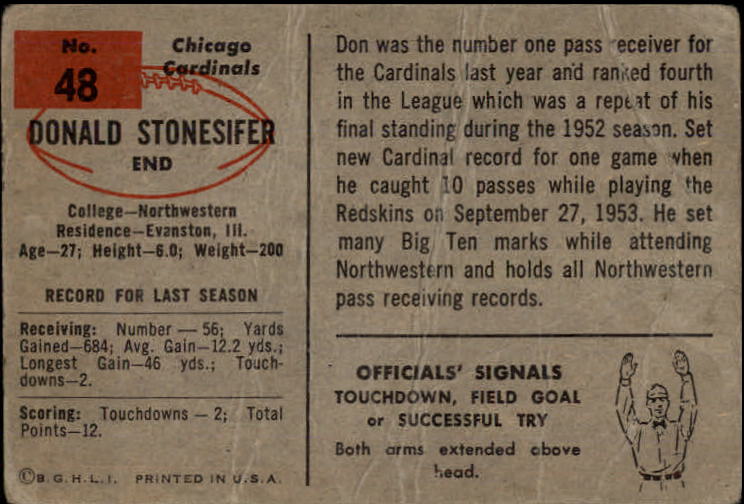 1954 Bowman #48 Don Stonesifer back image