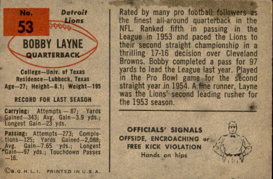 1954 Bowman #53 Bobby Layne back image
