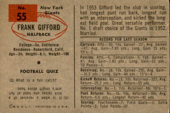 1954 Bowman #55 Frank Gifford back image