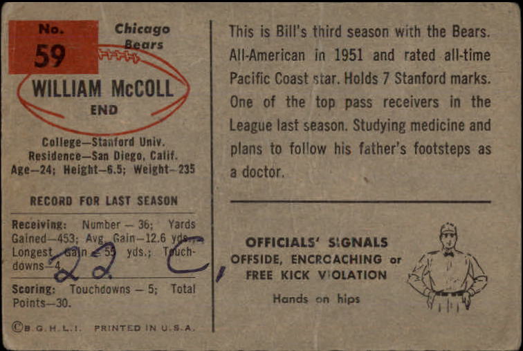 1954 Bowman #59 Bill McColl back image