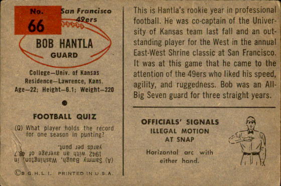 1954 Bowman #66 Bob Hantla SP RC back image