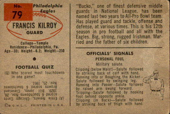 1954 Bowman #79 Bucko Kilroy SP back image