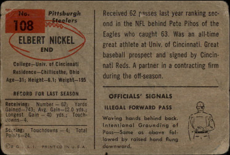 1954 Bowman #108 Elbert Nickel back image