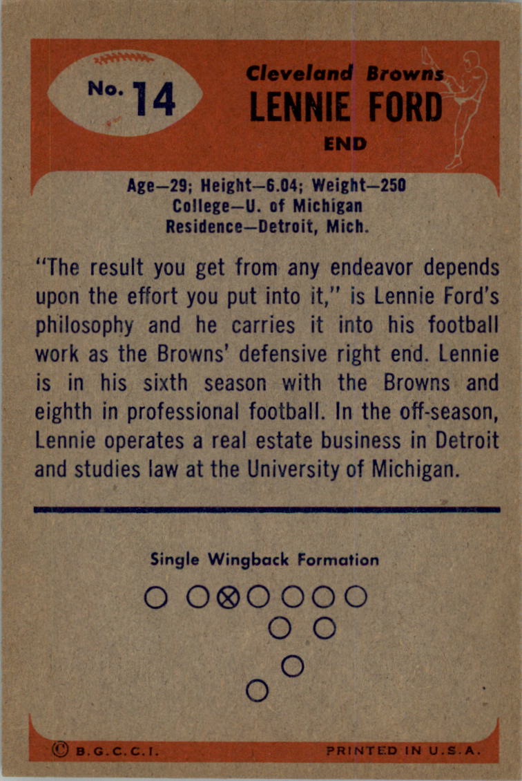 1955 Bowman #14 Len Ford RC back image