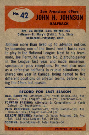 1955 Bowman #42 John Henry Johnson RC back image