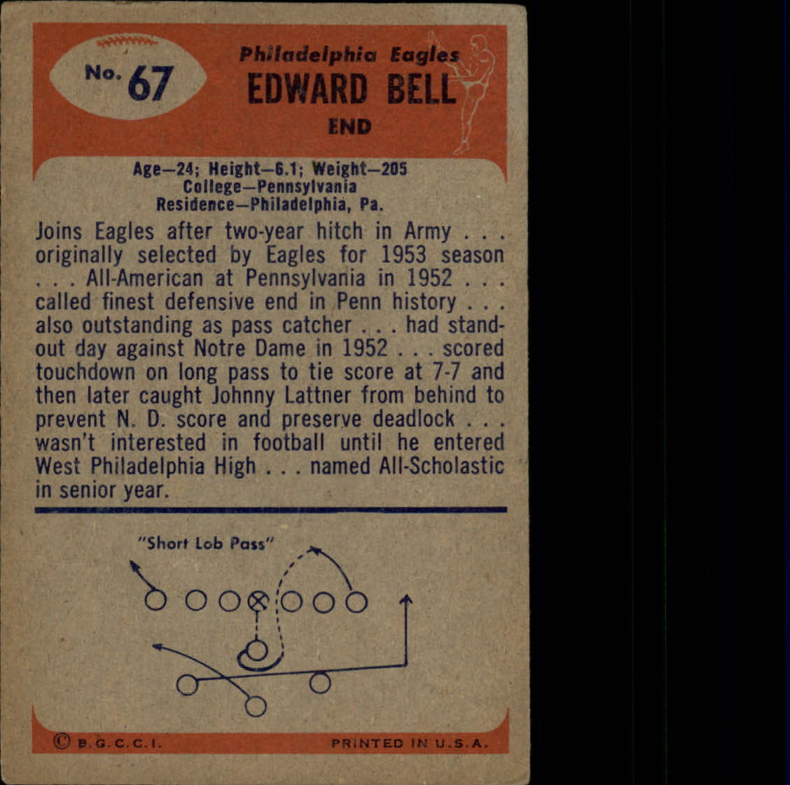 1955 Bowman #67 Eddie Bell RC back image
