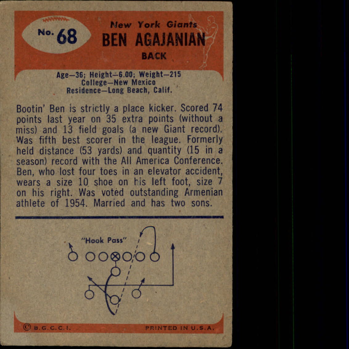 1955 Bowman #68 Ben Agajanian RC back image