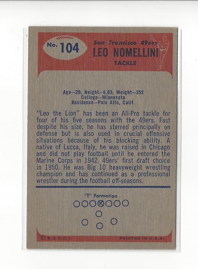 1955 Bowman #104 Leo Nomellini back image
