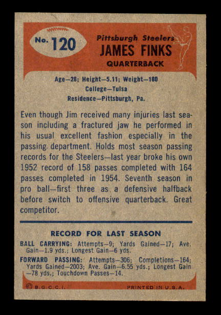 1955 Bowman #120 Jim Finks back image