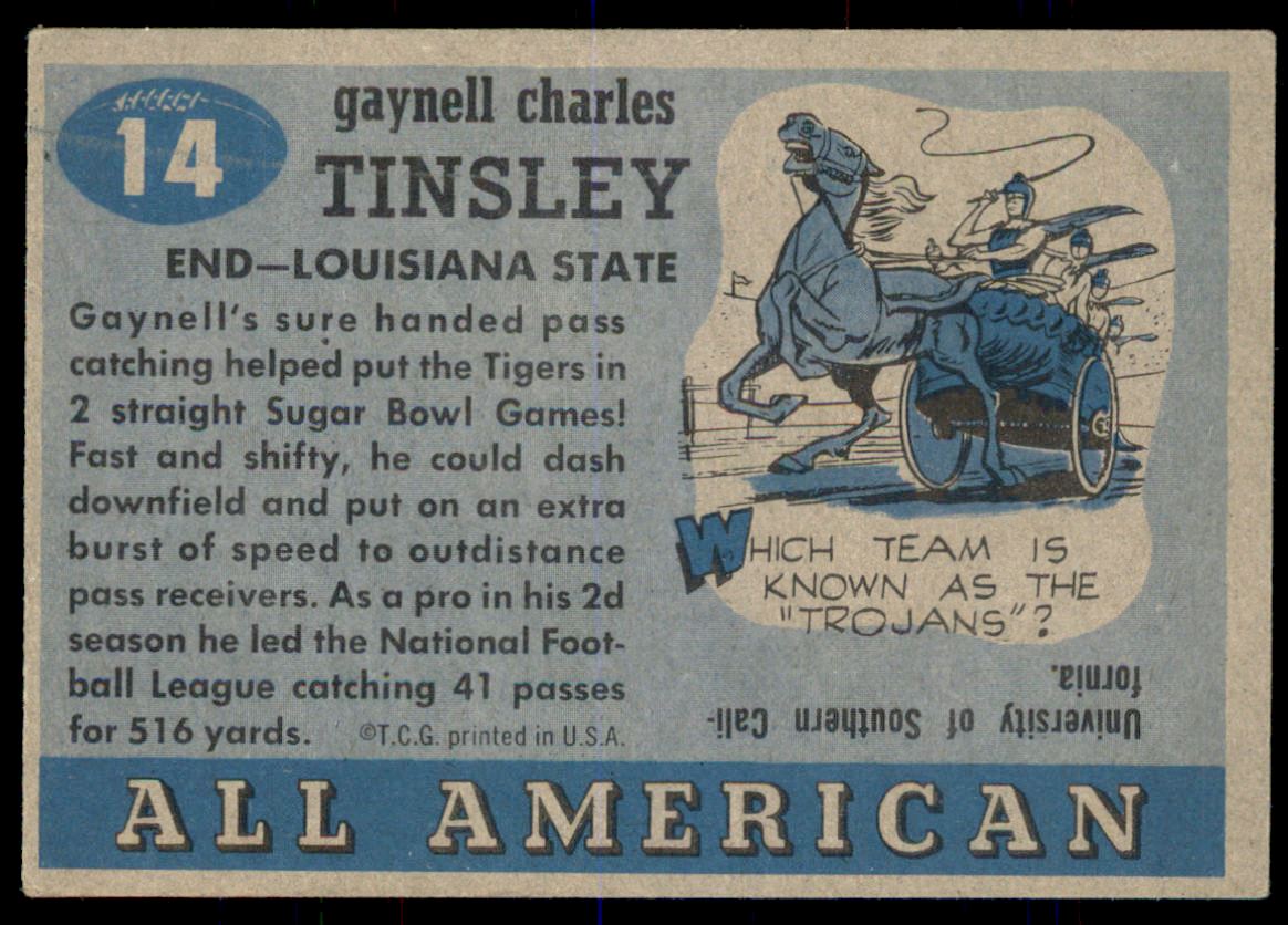 1955 Topps All American #14A Gaynell Tinsley ERR RC back image