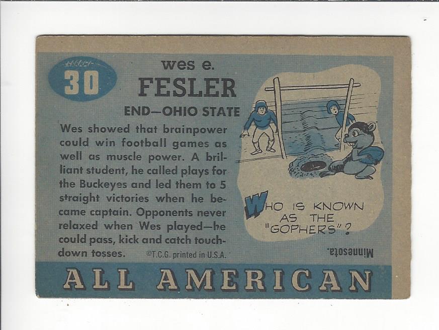 1955 Topps All American #30 Wes Fesler RC back image