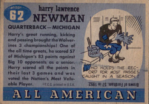 1955 Topps All American #62 Harry Newman RC back image