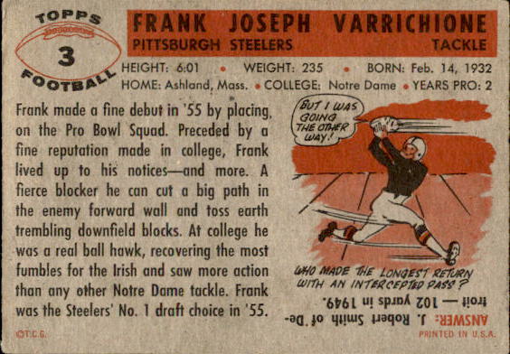 1956 Topps #3 Frank Varrichione back image