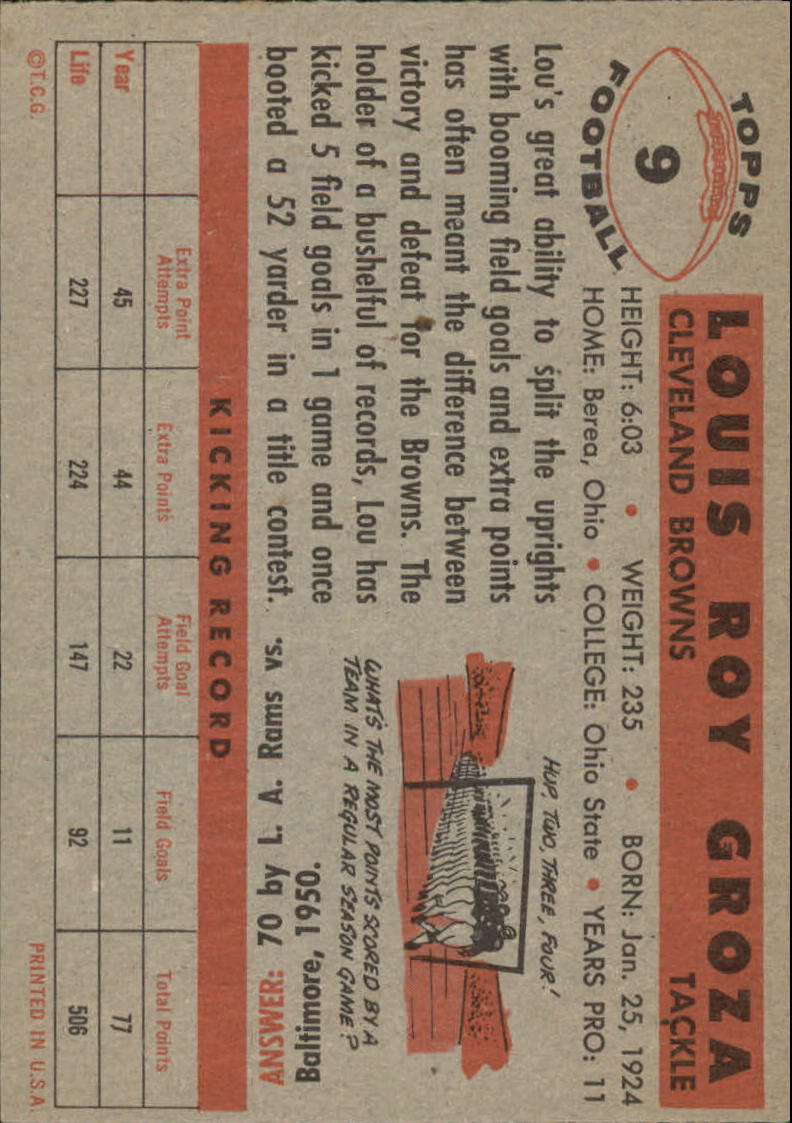 1956 Topps #9 Lou Groza back image