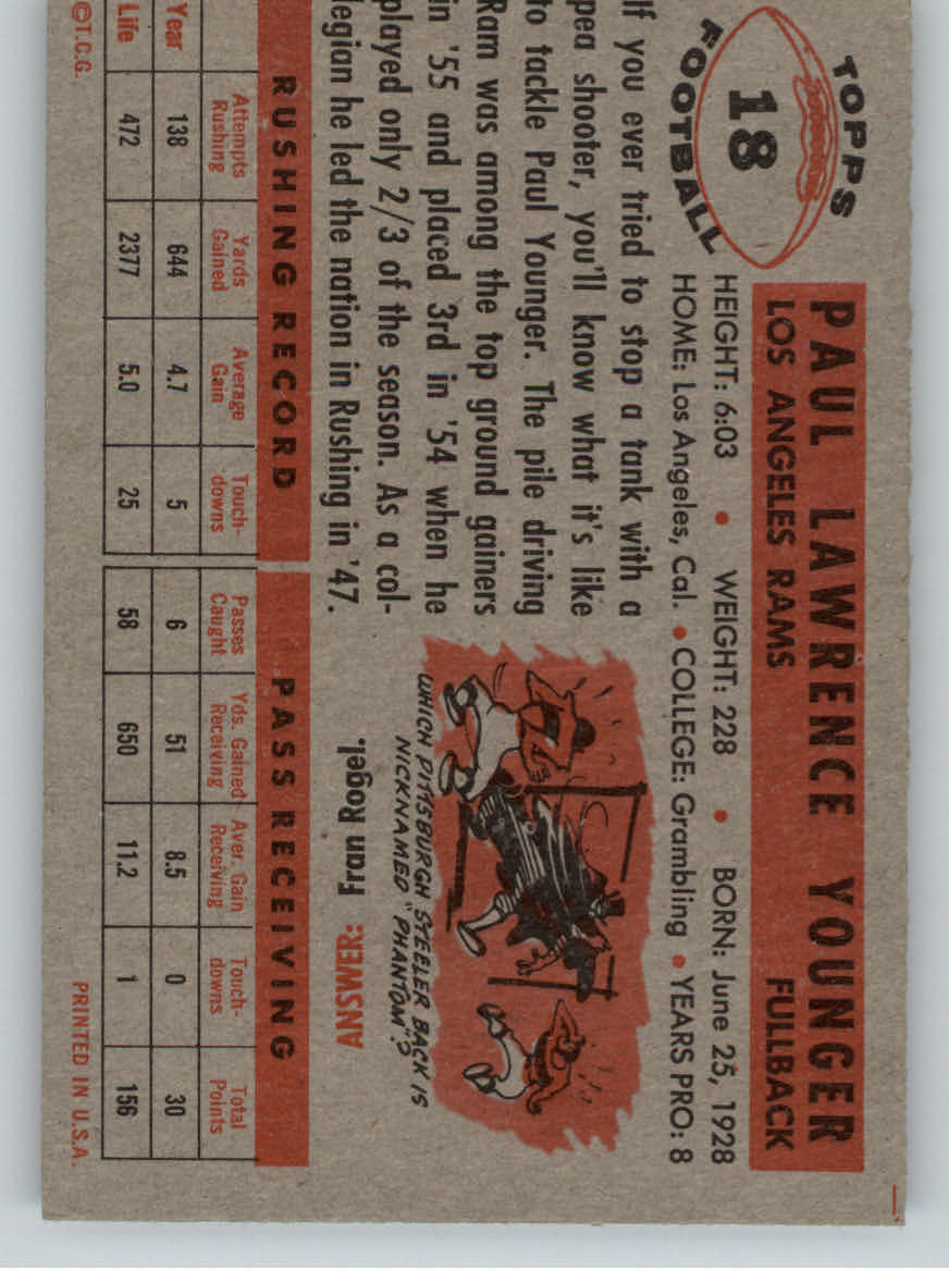 1956 Topps #18 Tank Younger back image