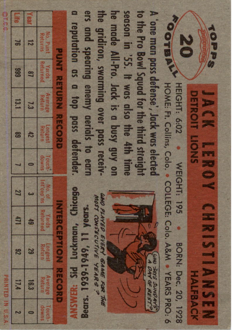 1956 Topps #20 Jack Christiansen back image