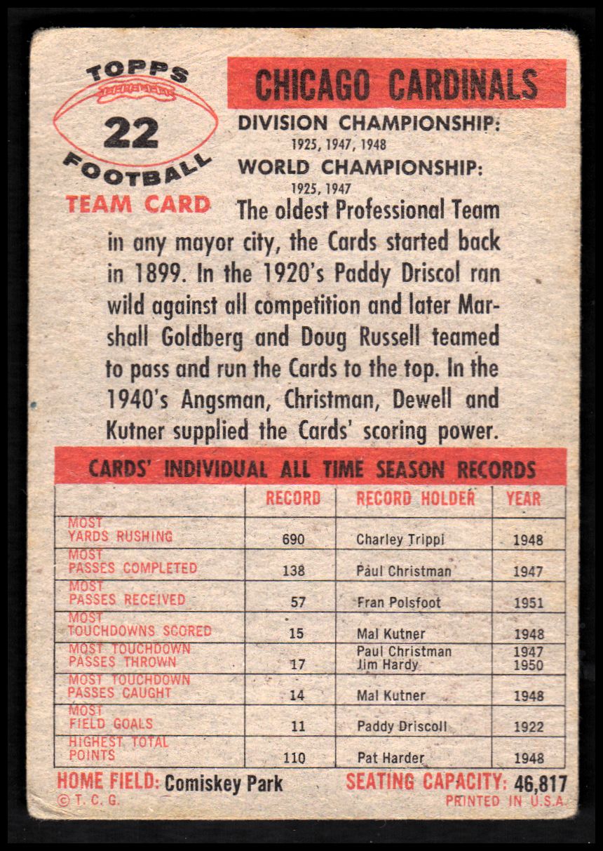 1956 Topps #22 Chicago Cardinals SP back image