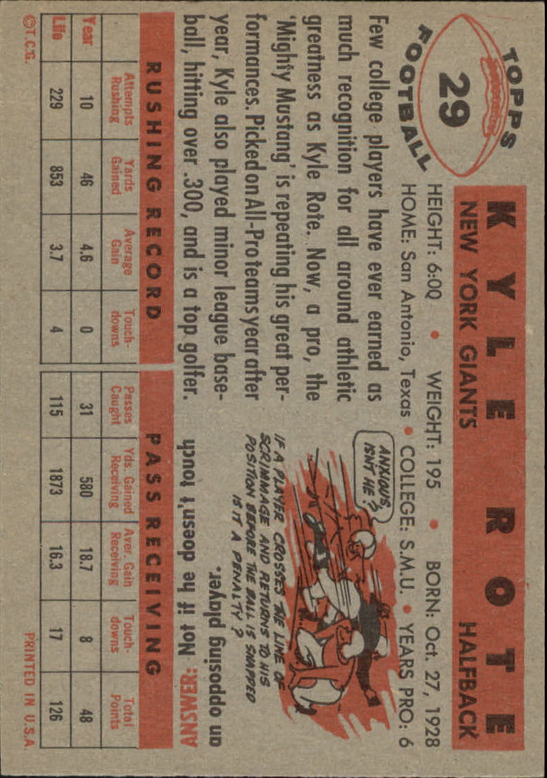 1956 Topps #29 Kyle Rote back image