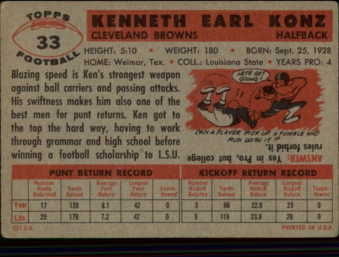 1956 Topps #33 Kenny Konz back image