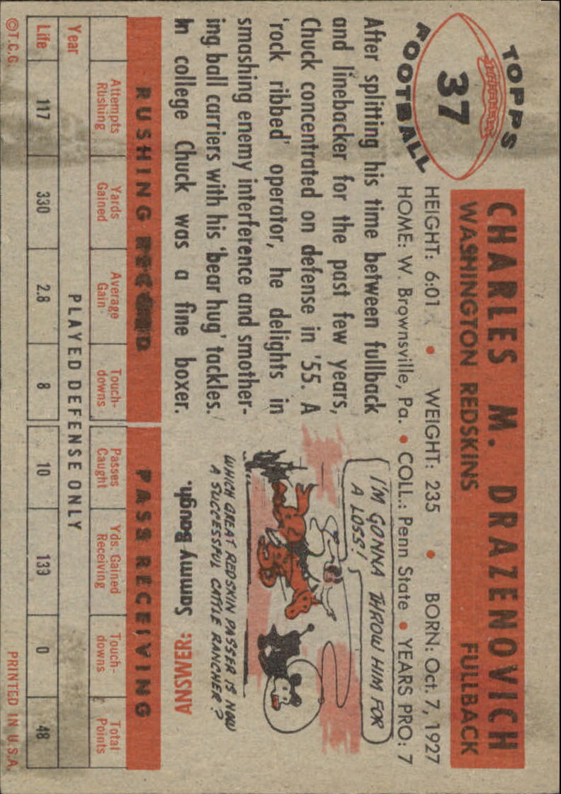 1956 Topps #37 Chuck Drazenovich SP back image
