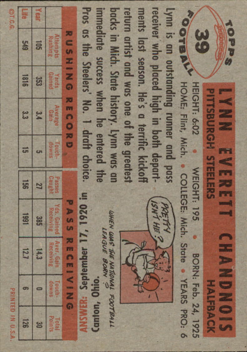 1956 Topps #39 Lynn Chandnois back image