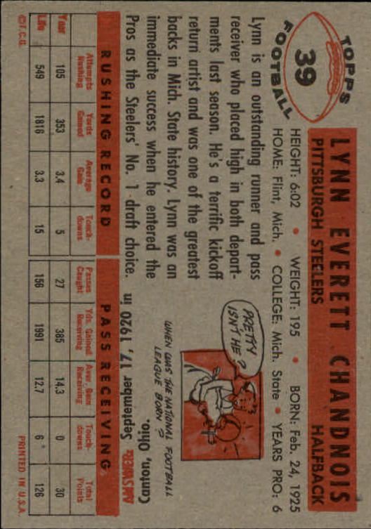 1956 Topps #39 Lynn Chandnois back image