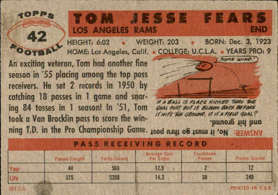 1956 Topps #42 Tom Fears back image