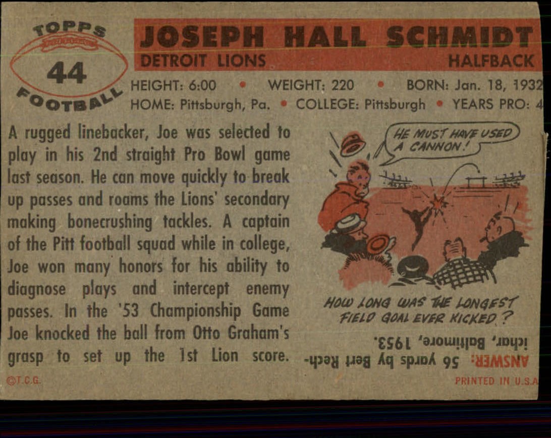 1956 Topps #44 Joe Schmidt RC back image