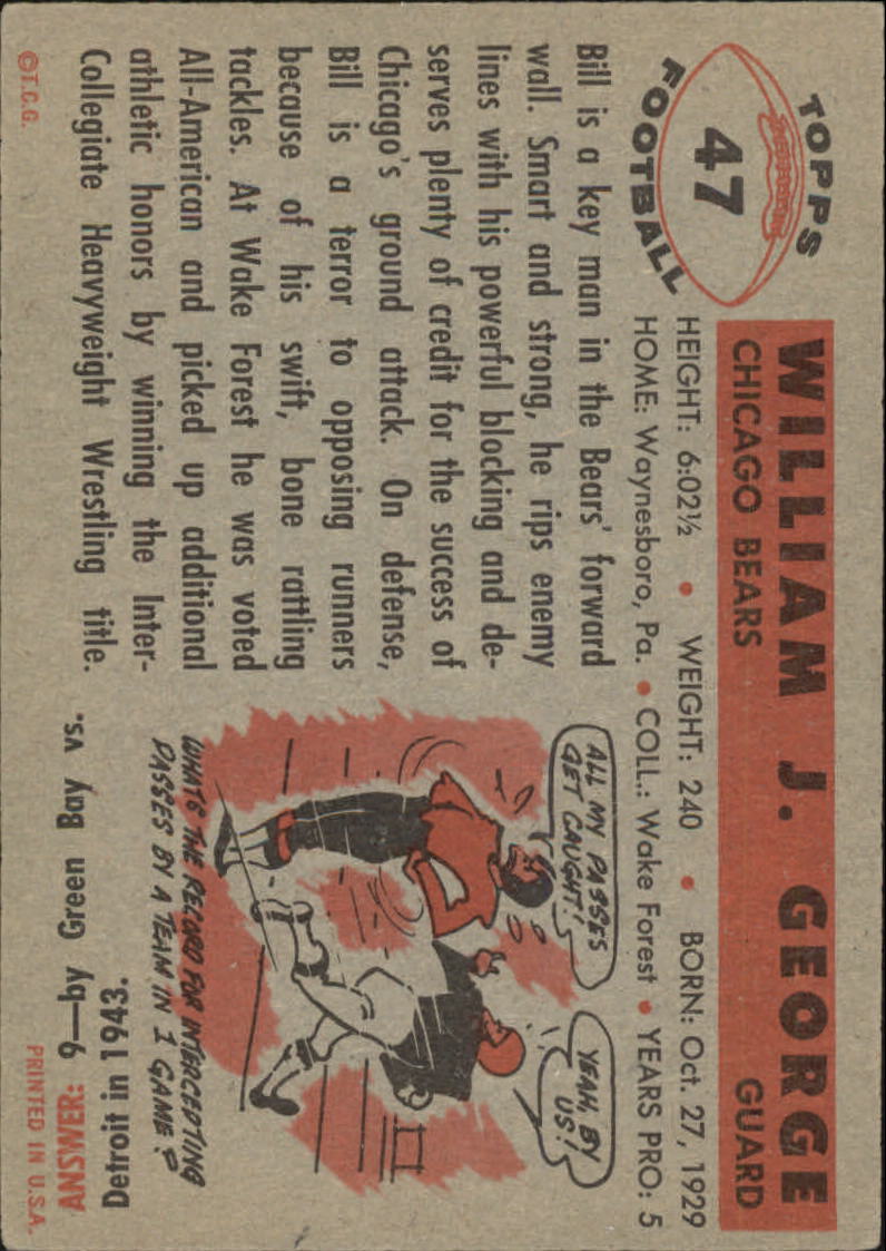 1956 Topps #47 Bill George RC back image