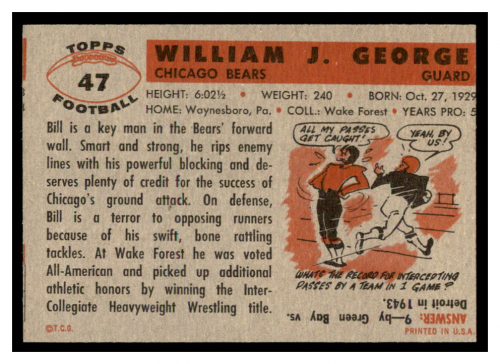 1956 Topps #47 Bill George RC back image