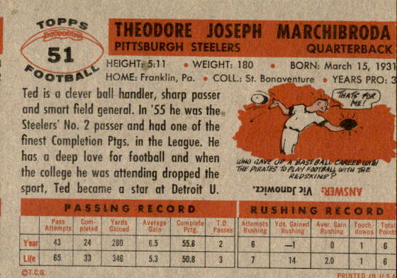 1956 Topps #51 Ted Marchibroda back image