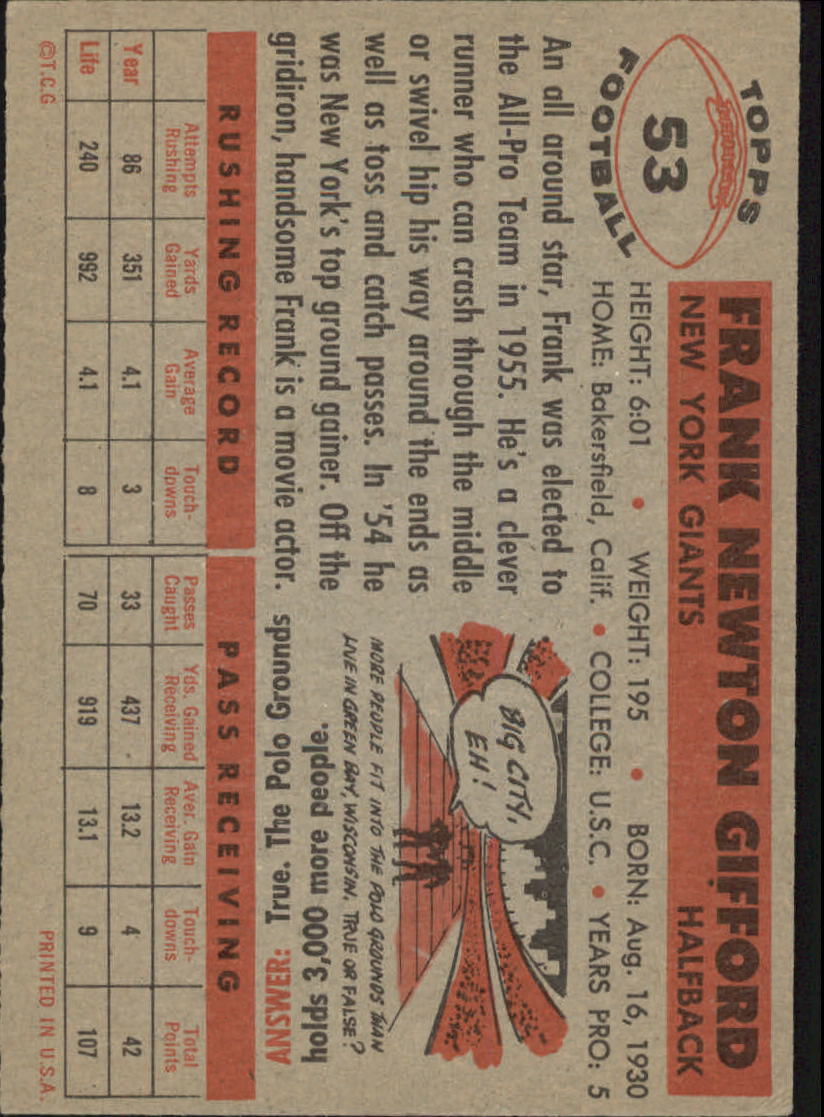 1956 Topps #53 Frank Gifford back image