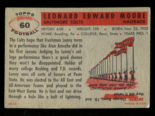 1956 Topps #60 Lenny Moore RC back image