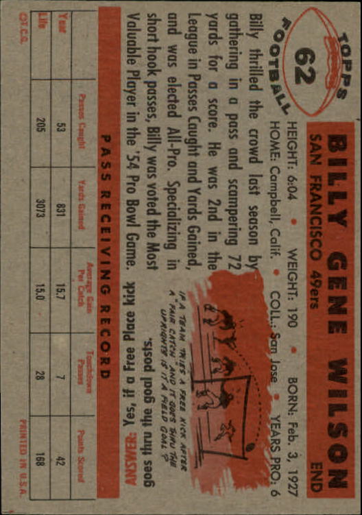 1956 Topps #62 Billy Wilson back image