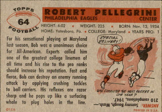 1956 Topps #64 Bob Pellegrini RC back image