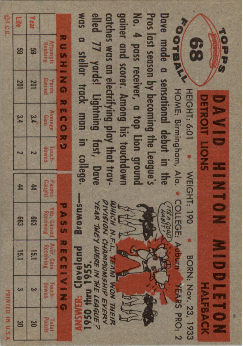 1956 Topps #68 Dave Middleton RC back image