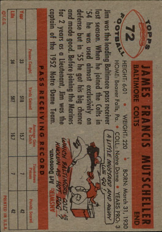 1956 Topps #72 Jim Mutscheller RC back image