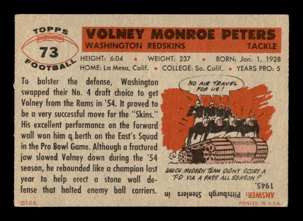 1956 Topps #73 Volney Peters SP back image
