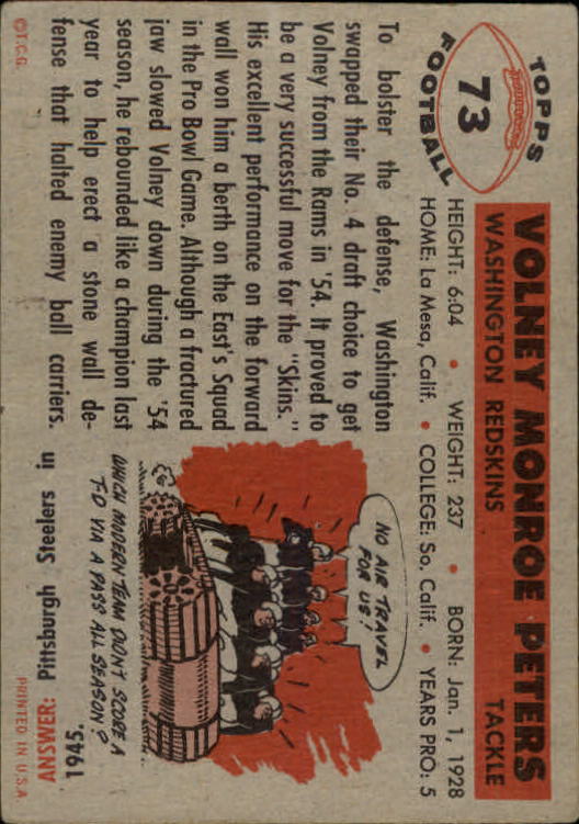 1956 Topps #73 Volney Peters SP back image