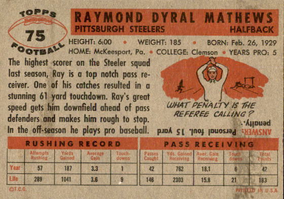 1956 Topps #75 Ray Mathews back image