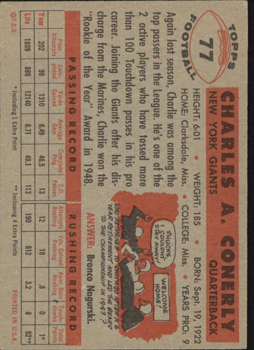 1956 Topps #77 Charley Conerly back image