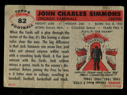 1956 Topps #82 Jack Simmons SP back image