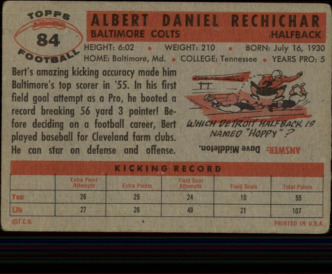 1956 Topps #84 Bert Rechichar back image