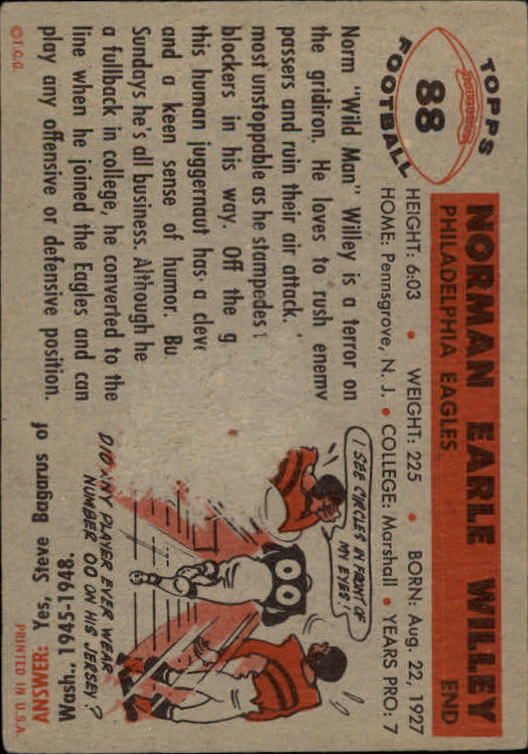 1956 Topps #88 Norm Willey back image