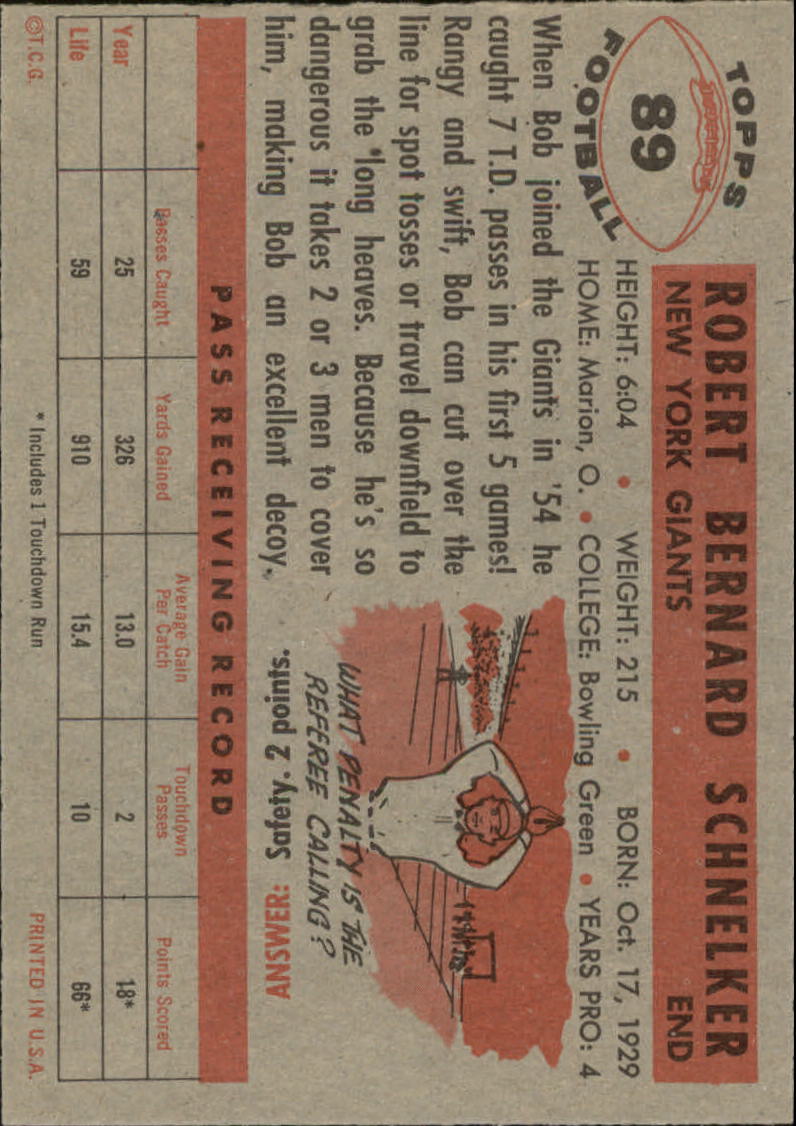 1956 Topps #89 Bob Schnelker RC back image