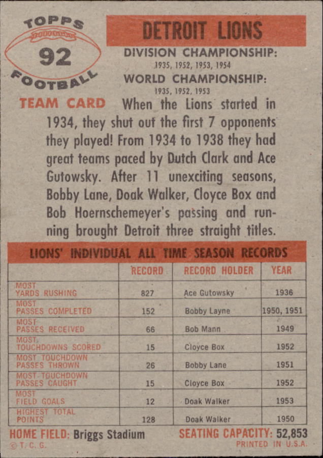 1956 Topps #92 Detroit Lions back image