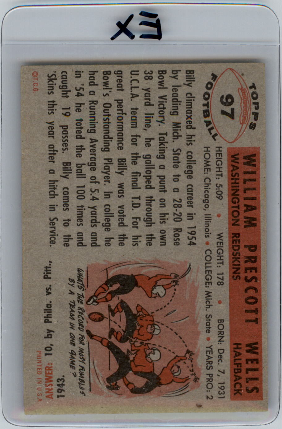 1956 Topps #97 Billy Wells SP RC back image